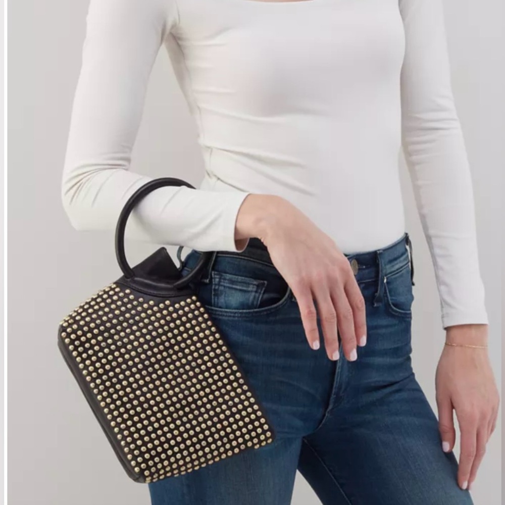 NWT HOBO Black and Gold Studded Maggie Clutch Bag . Quality leather. Great price